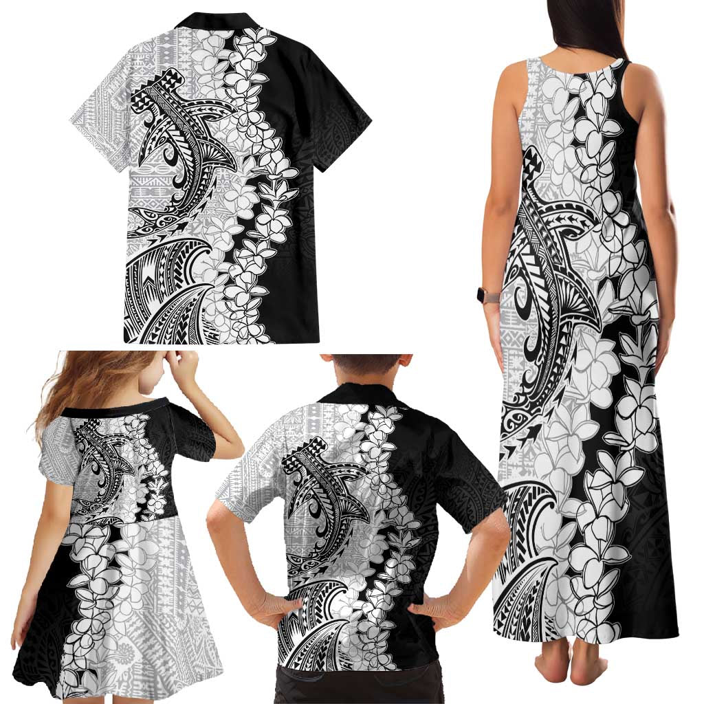 Polynesian Plumeria Lei Family Matching Tank Maxi Dress and Hawaiian Shirt with Hammerhead Shark