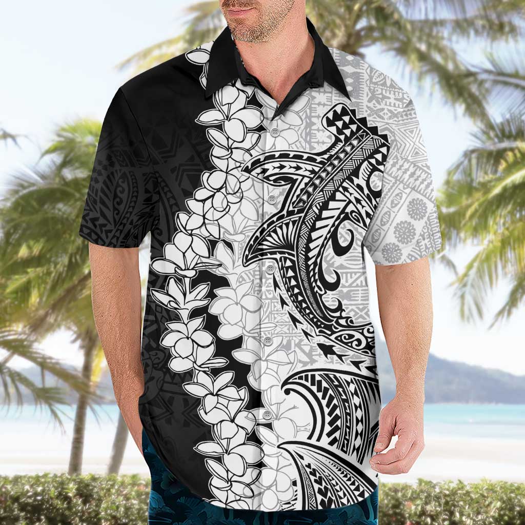 Polynesian Plumeria Lei Hawaiian Shirt with Hammerhead Shark