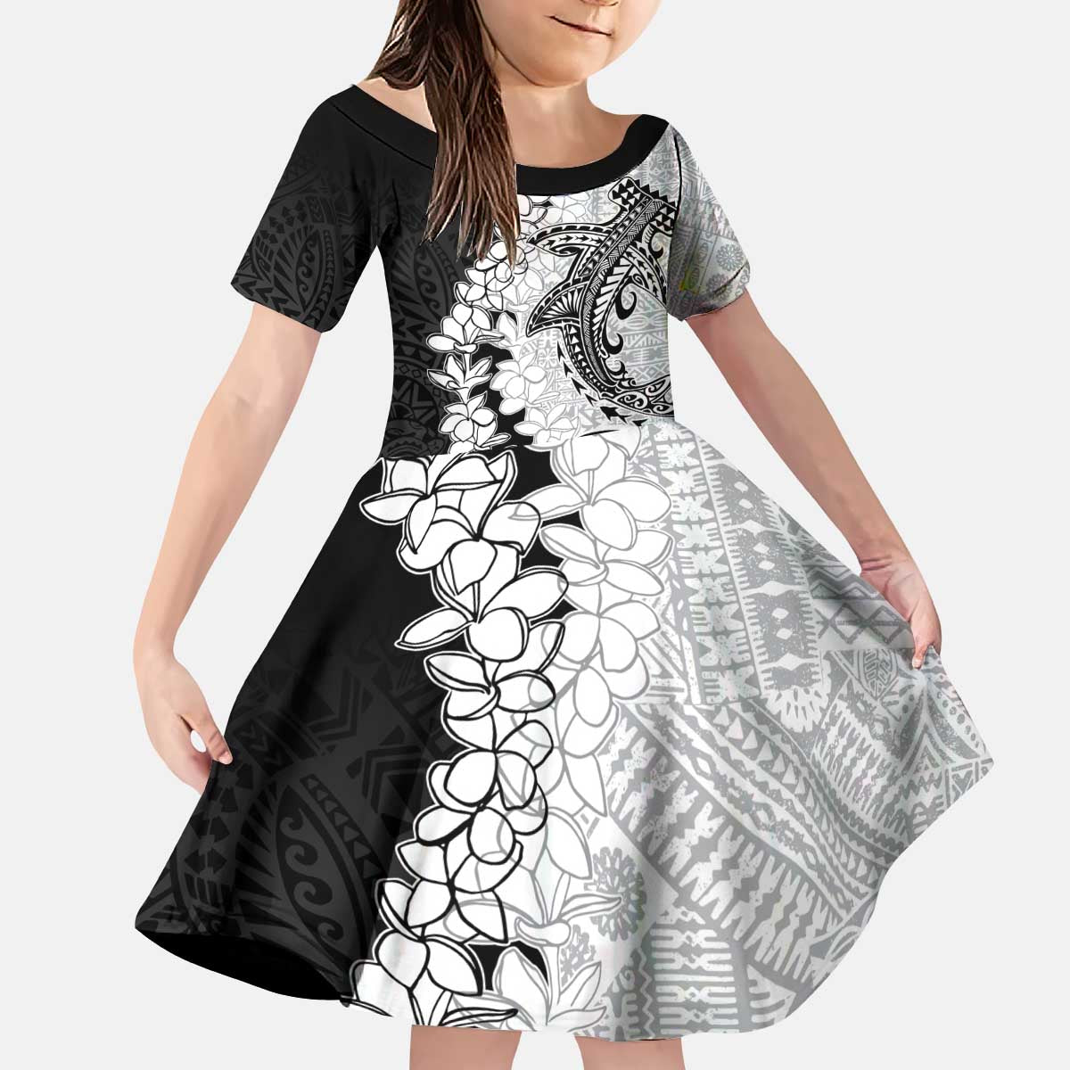 Polynesian Plumeria Lei Kid Short Sleeve Dress with Hammerhead Shark LT7 KID Black - Polynesian Pride