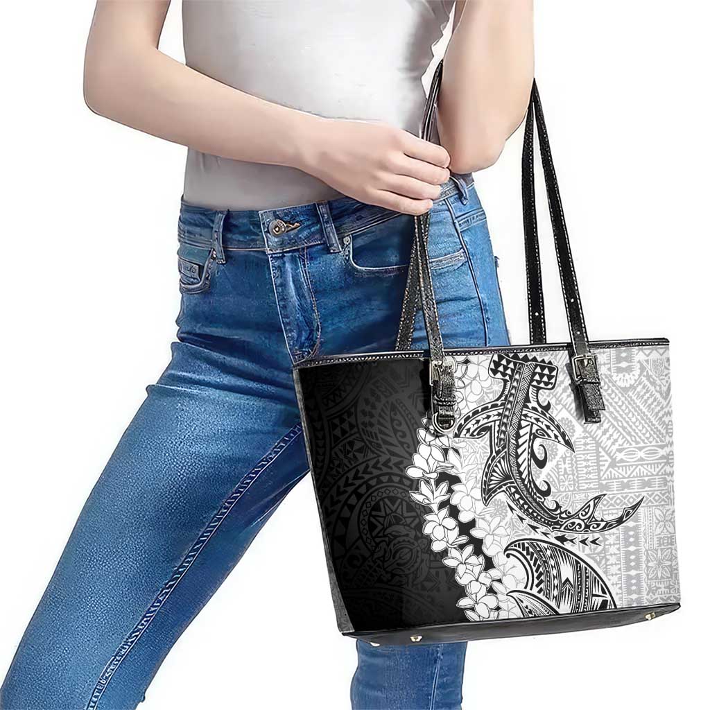 Polynesian Plumeria Lei Leather Tote Bag with Hammerhead Shark