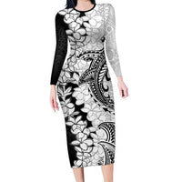 Polynesian Plumeria Lei Long Sleeve Bodycon Dress with Hammerhead Shark LT7 Long Dress Black - Polynesian Pride