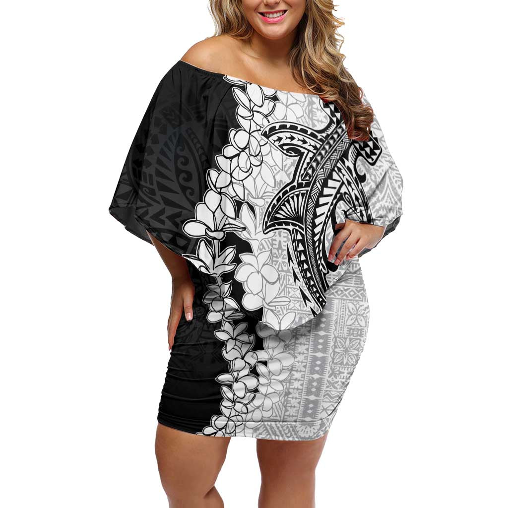 Polynesian Plumeria Lei Off Shoulder Short Dress with Hammerhead Shark