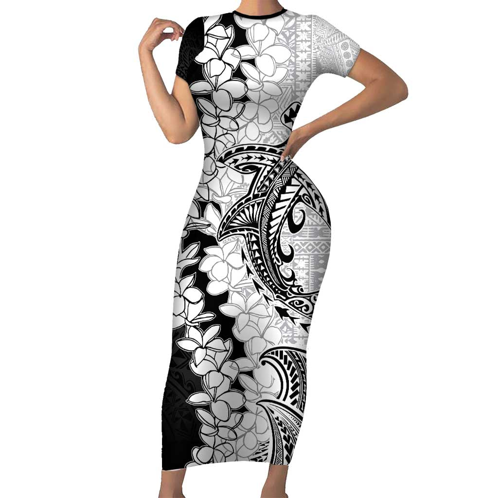 Polynesian Plumeria Lei Short Sleeve Bodycon Dress with Hammerhead Shark