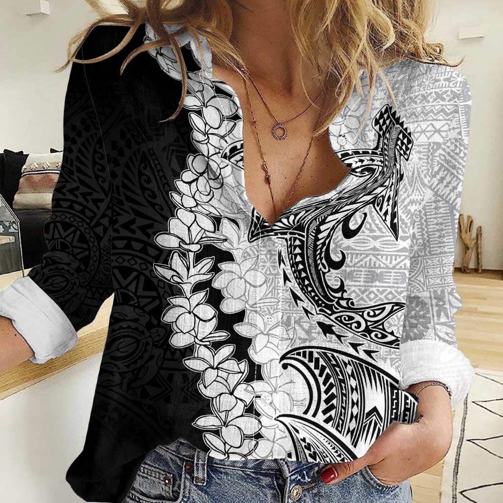 Polynesian Plumeria Lei Women Casual Shirt with Hammerhead Shark LT7 Female Black - Polynesian Pride