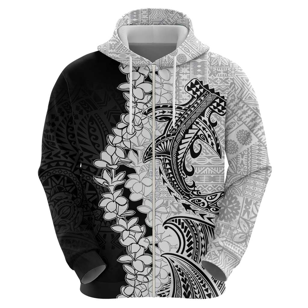 Polynesian Plumeria Lei Zip Hoodie with Hammerhead Shark