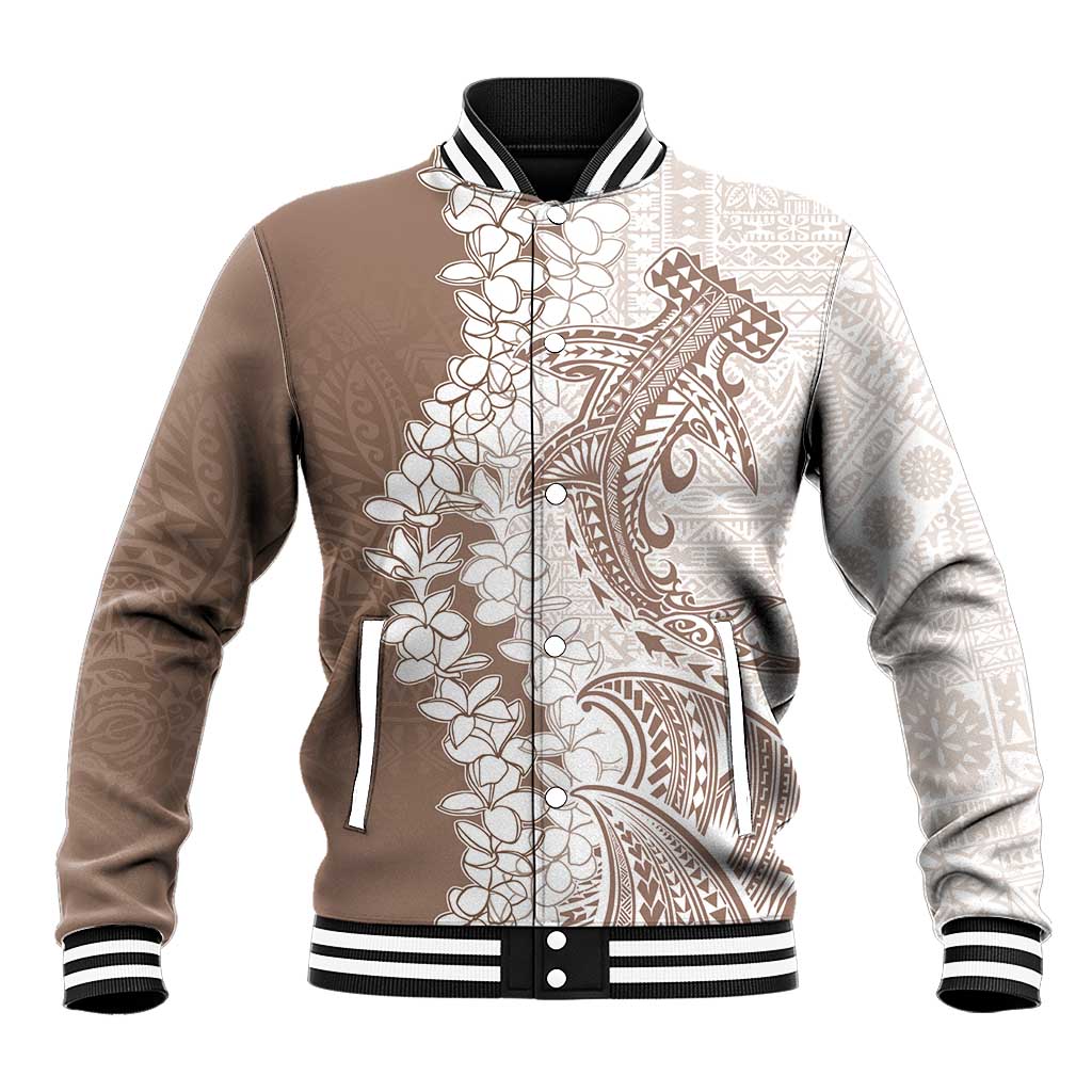Polynesian Beige Plumeria Lei Baseball Jacket with Hammerhead Shark