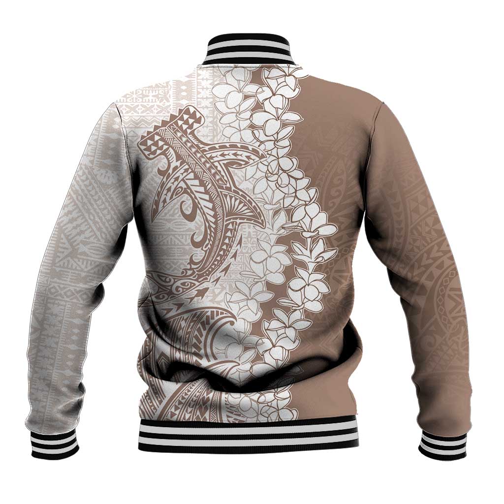 Polynesian Beige Plumeria Lei Baseball Jacket with Hammerhead Shark