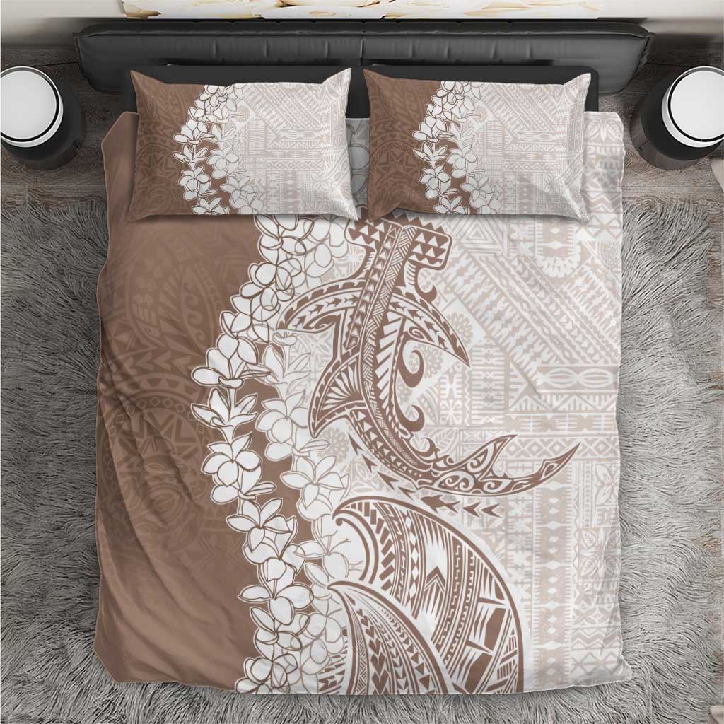 Polynesian Beige Plumeria Lei Bedding Set with Hammerhead Shark