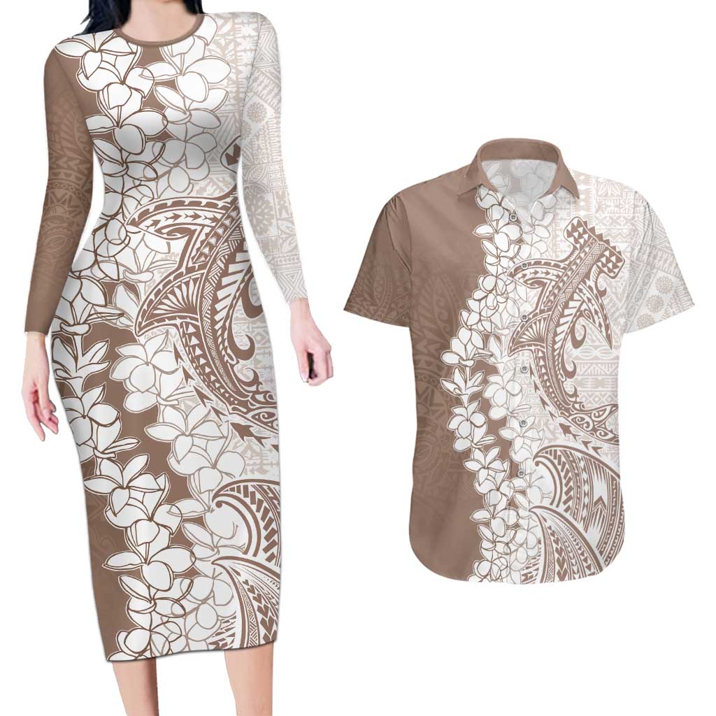 Polynesian Beige Plumeria Lei Couples Matching Long Sleeve Bodycon Dress and Hawaiian Shirt with Hammerhead Shark LT7 Beige - Polynesian Pride