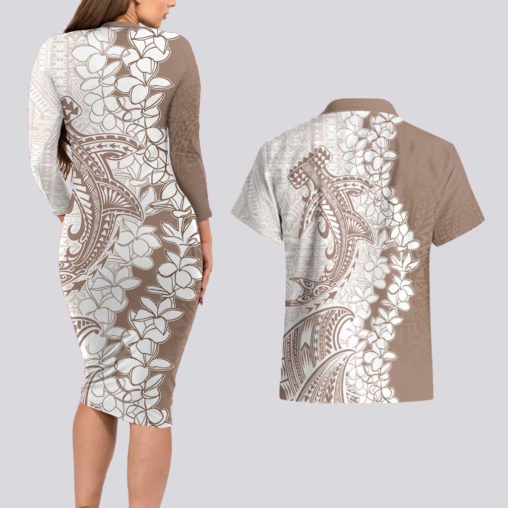 Polynesian Beige Plumeria Lei Couples Matching Long Sleeve Bodycon Dress and Hawaiian Shirt with Hammerhead Shark LT7 - Polynesian Pride