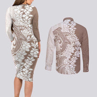 Polynesian Beige Plumeria Lei Couples Matching Long Sleeve Bodycon Dress and Long Sleeve Button Shirt with Hammerhead Shark