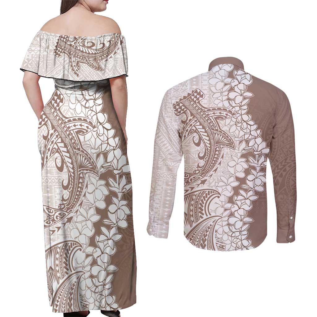 Polynesian Beige Plumeria Lei Couples Matching Off Shoulder Maxi Dress and Long Sleeve Button Shirt with Hammerhead Shark