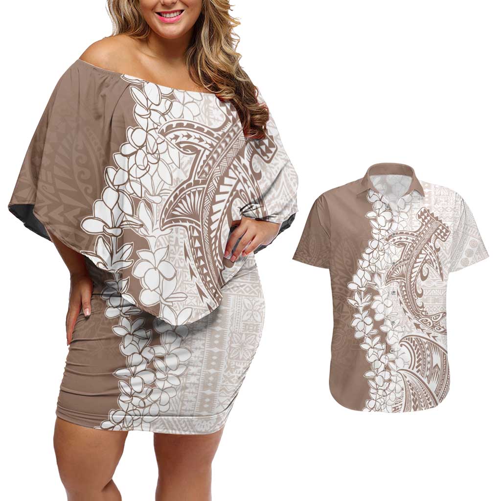Polynesian Beige Plumeria Lei Couples Matching Off Shoulder Short Dress and Hawaiian Shirt with Hammerhead Shark