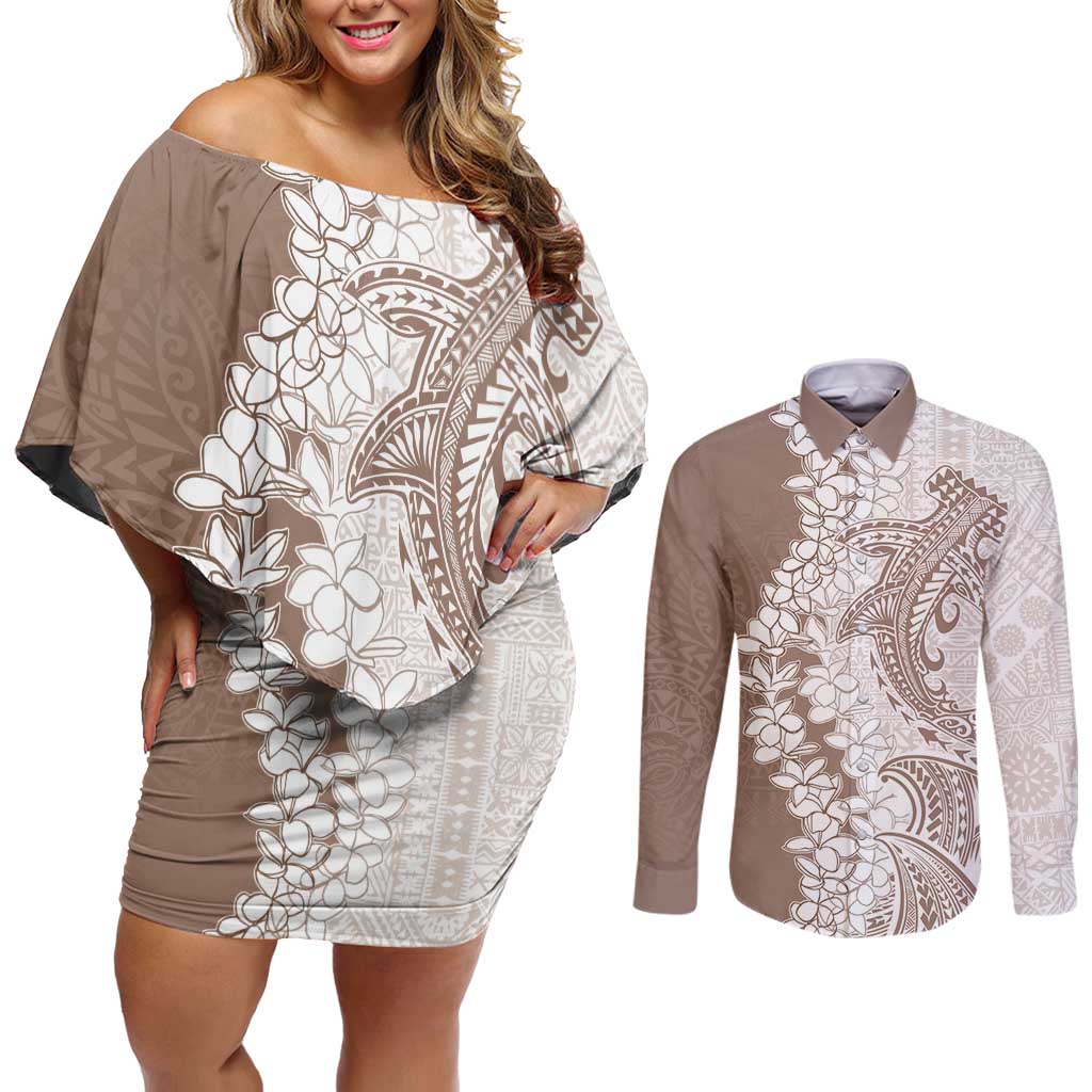 Polynesian Beige Plumeria Lei Couples Matching Off Shoulder Short Dress and Long Sleeve Button Shirt with Hammerhead Shark