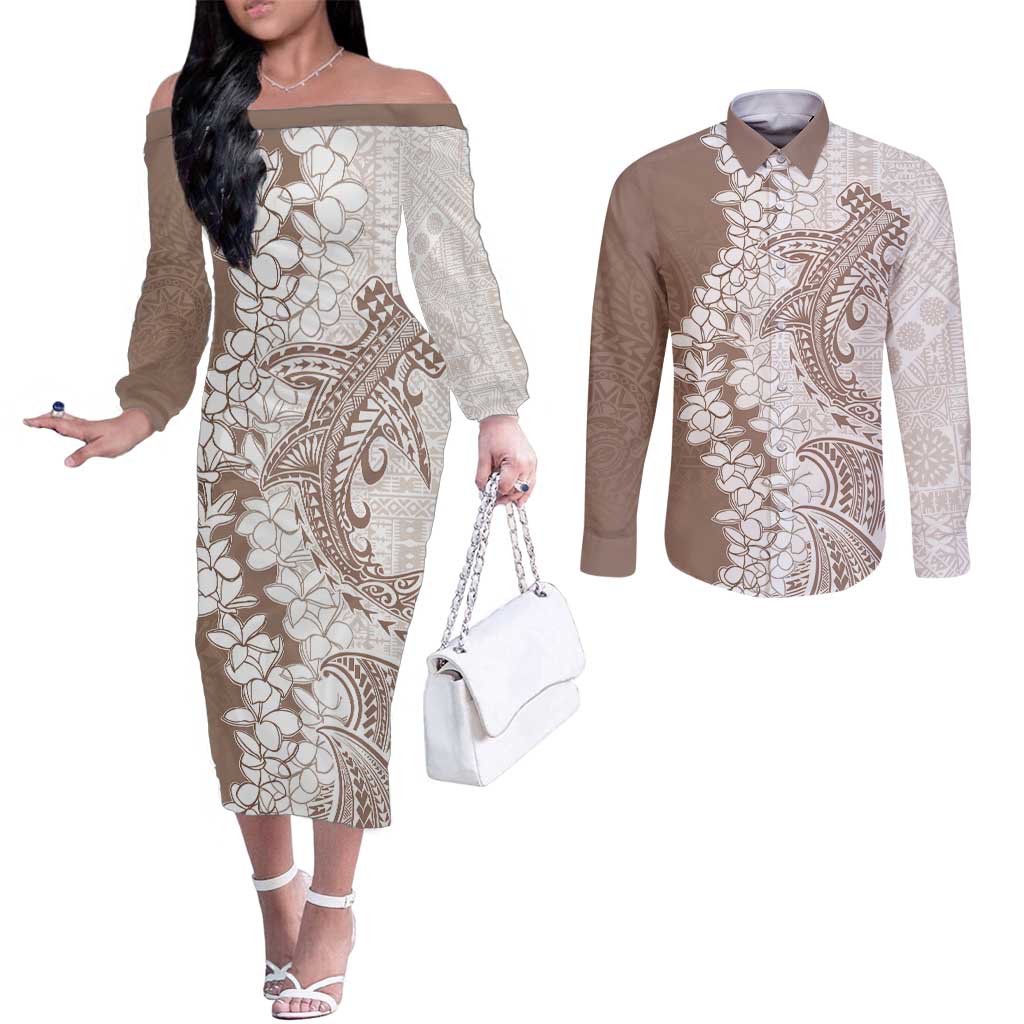 Polynesian Beige Plumeria Lei Couples Matching Off The Shoulder Long Sleeve Dress and Long Sleeve Button Shirt with Hammerhead Shark