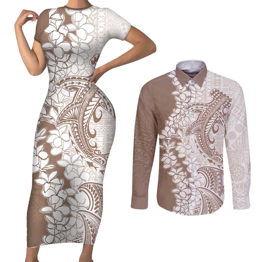 Polynesian Beige Plumeria Lei Couples Matching Short Sleeve Bodycon Dress and Long Sleeve Button Shirt with Hammerhead Shark