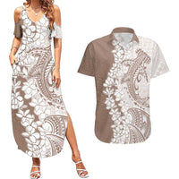 Polynesian Beige Plumeria Lei Couples Matching Summer Maxi Dress and Hawaiian Shirt with Hammerhead Shark