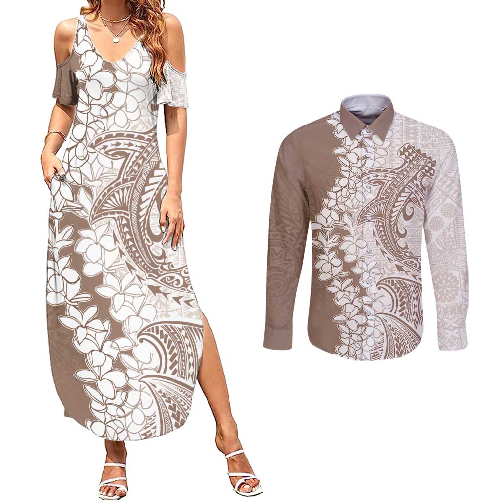 Polynesian Beige Plumeria Lei Couples Matching Summer Maxi Dress and Long Sleeve Button Shirt with Hammerhead Shark