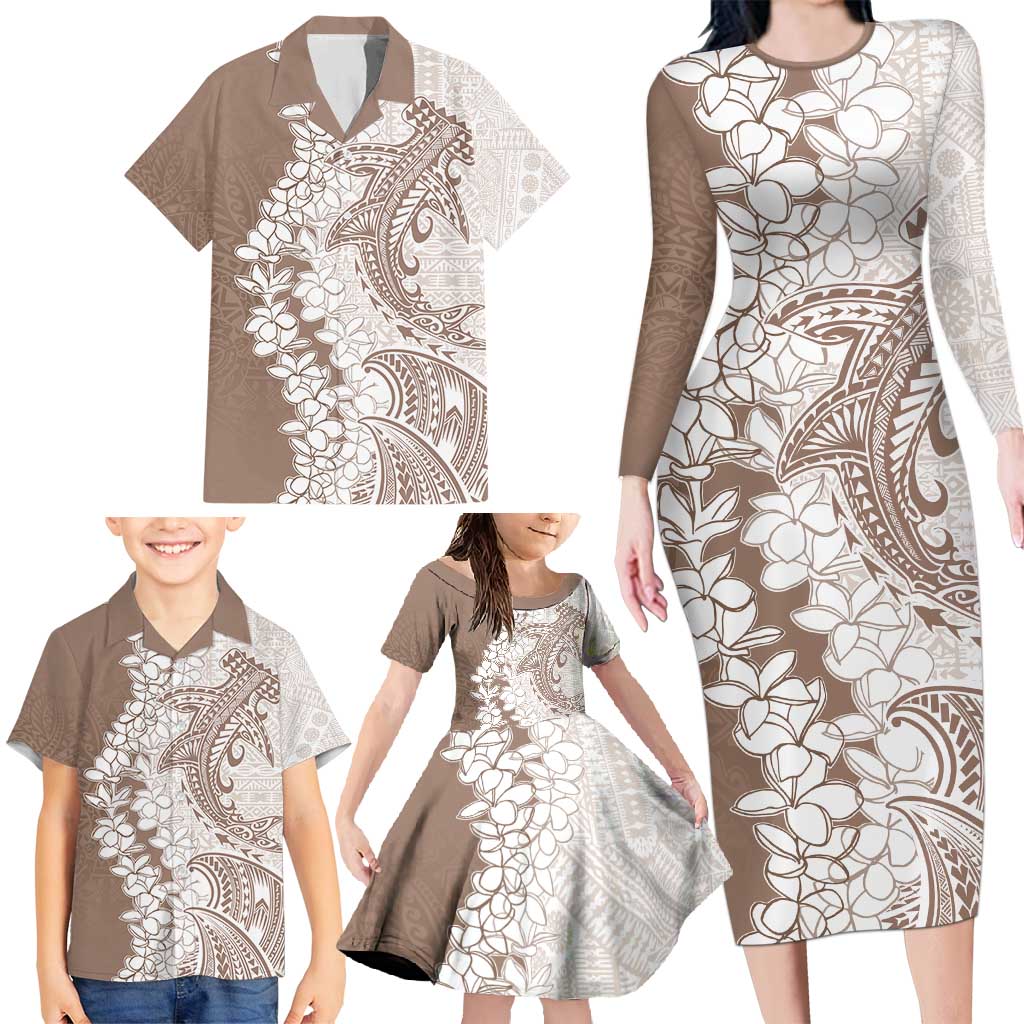 Polynesian Beige Plumeria Lei Family Matching Long Sleeve Bodycon Dress and Hawaiian Shirt with Hammerhead Shark LT7 - Polynesian Pride