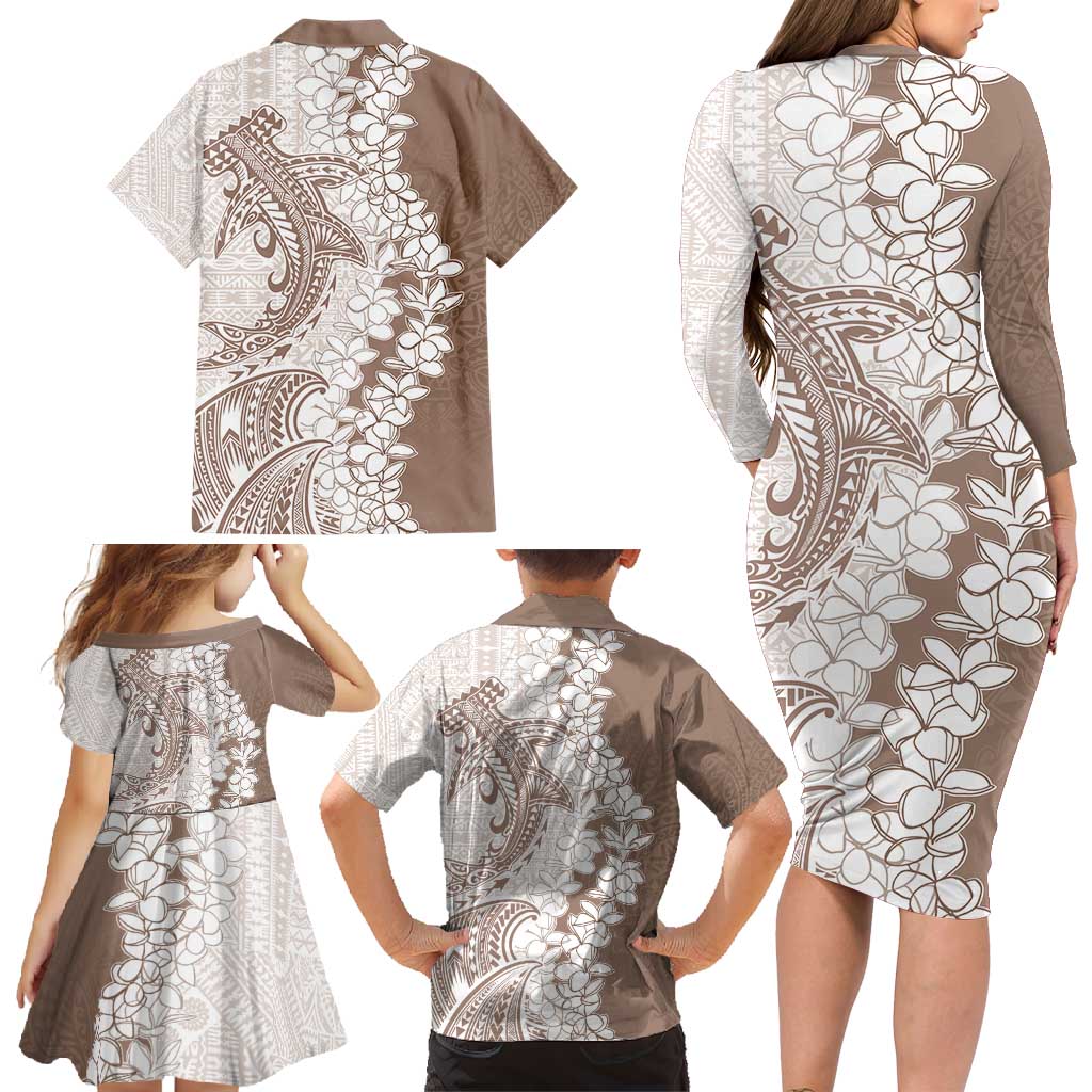 Polynesian Beige Plumeria Lei Family Matching Long Sleeve Bodycon Dress and Hawaiian Shirt with Hammerhead Shark LT7 - Polynesian Pride
