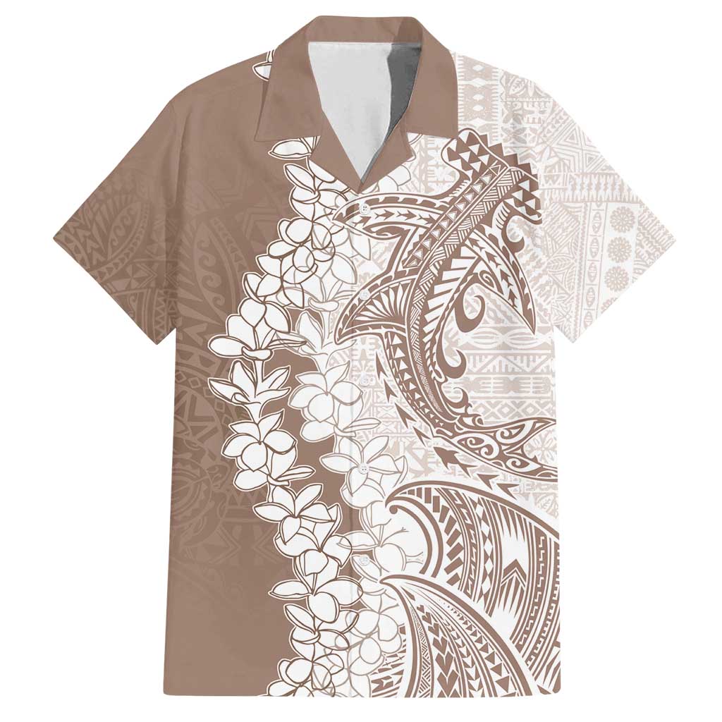 Polynesian Beige Plumeria Lei Family Matching Long Sleeve Bodycon Dress and Hawaiian Shirt with Hammerhead Shark LT7 Dad's Shirt - Short Sleeve Beige - Polynesian Pride