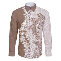 Polynesian Beige Plumeria Lei Family Matching Long Sleeve Bodycon Dress and Hawaiian Shirt with Hammerhead Shark LT7 Dad's Shirt - Long Sleeve Beige - Polynesian Pride