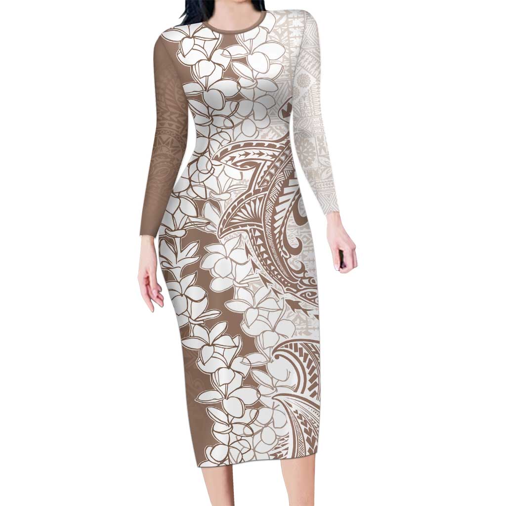 Polynesian Beige Plumeria Lei Family Matching Long Sleeve Bodycon Dress and Hawaiian Shirt with Hammerhead Shark LT7 Mom's Dress Beige - Polynesian Pride