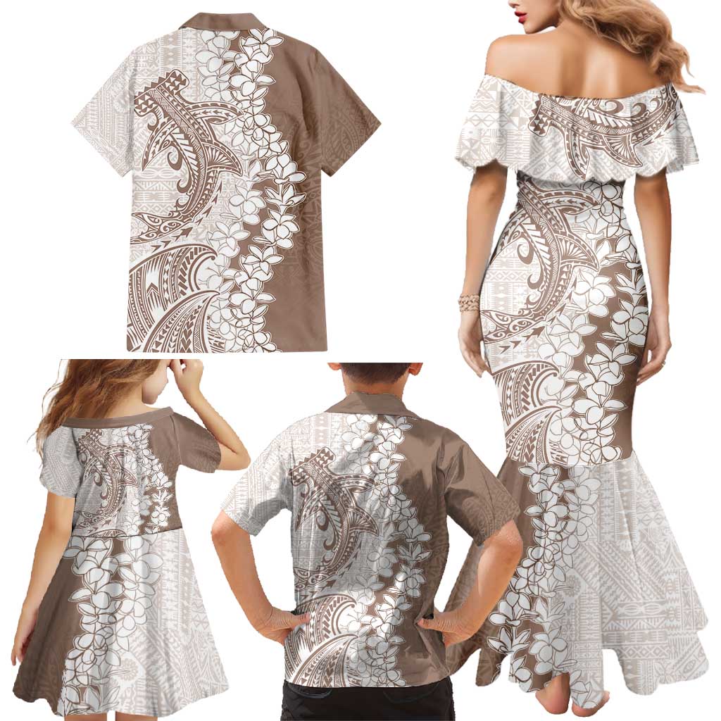 Polynesian Beige Plumeria Lei Family Matching Mermaid Dress and Hawaiian Shirt with Hammerhead Shark LT7 - Polynesian Pride