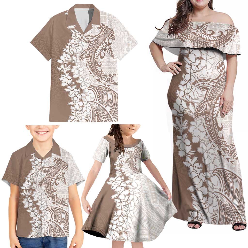 Polynesian Beige Plumeria Lei Family Matching Off Shoulder Maxi Dress and Hawaiian Shirt with Hammerhead Shark LT7 - Polynesian Pride