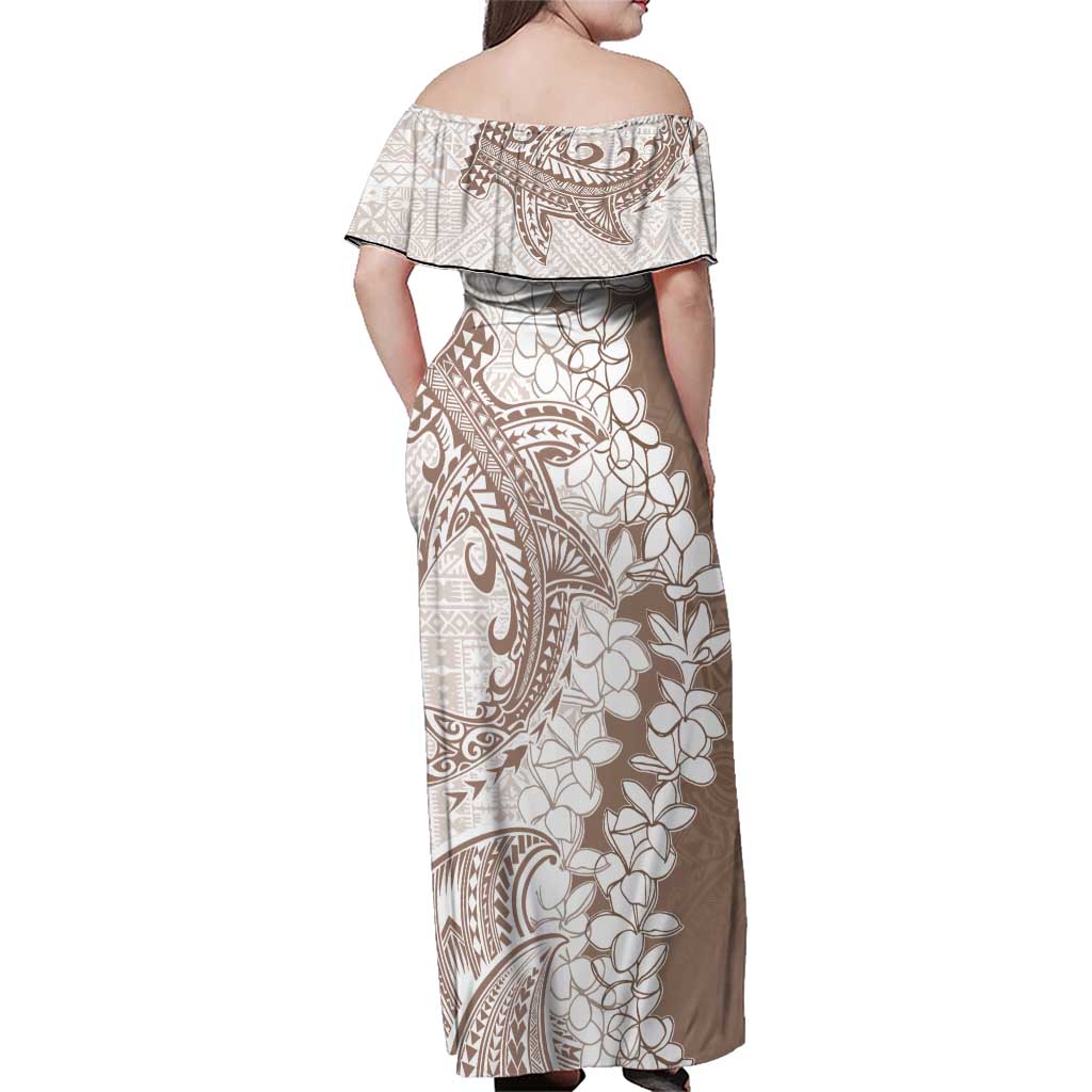 Polynesian Beige Plumeria Lei Family Matching Off Shoulder Maxi Dress and Hawaiian Shirt with Hammerhead Shark