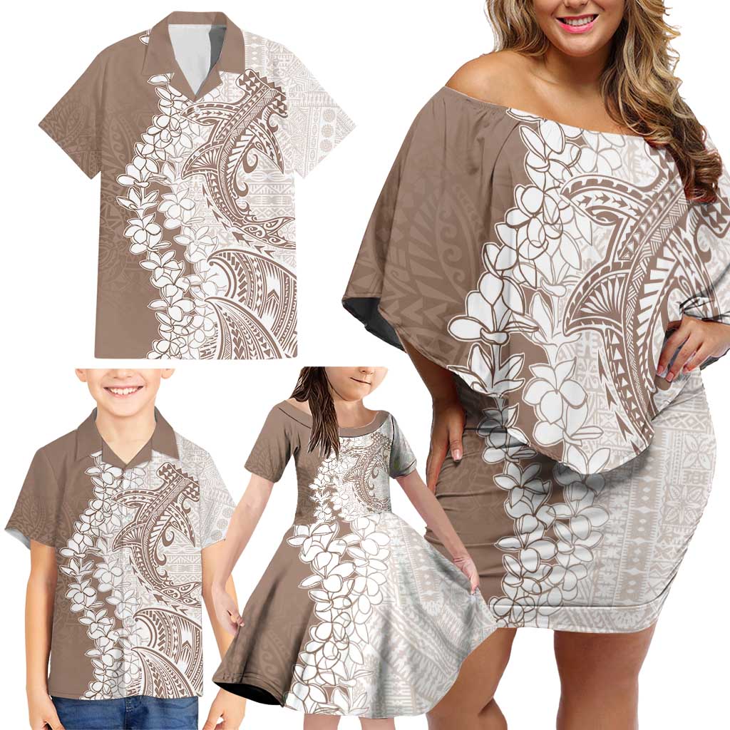 Polynesian Beige Plumeria Lei Family Matching Off Shoulder Short Dress and Hawaiian Shirt with Hammerhead Shark LT7 - Polynesian Pride