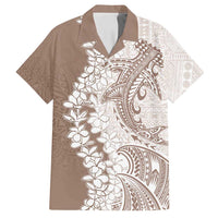 Polynesian Beige Plumeria Lei Family Matching Off Shoulder Short Dress and Hawaiian Shirt with Hammerhead Shark