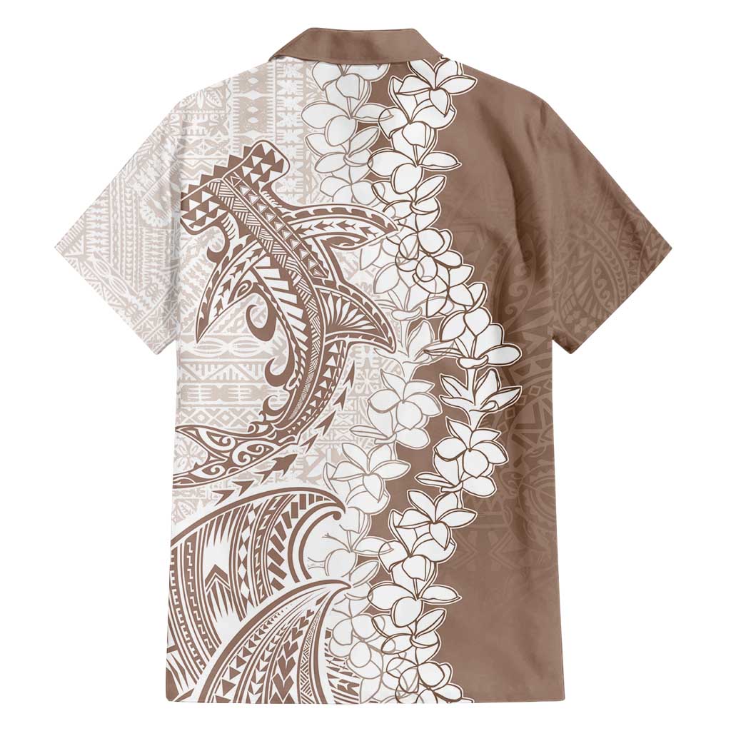 Polynesian Beige Plumeria Lei Family Matching Off Shoulder Short Dress and Hawaiian Shirt with Hammerhead Shark
