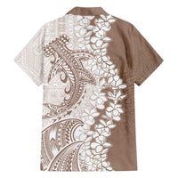 Polynesian Beige Plumeria Lei Family Matching Off Shoulder Short Dress and Hawaiian Shirt with Hammerhead Shark