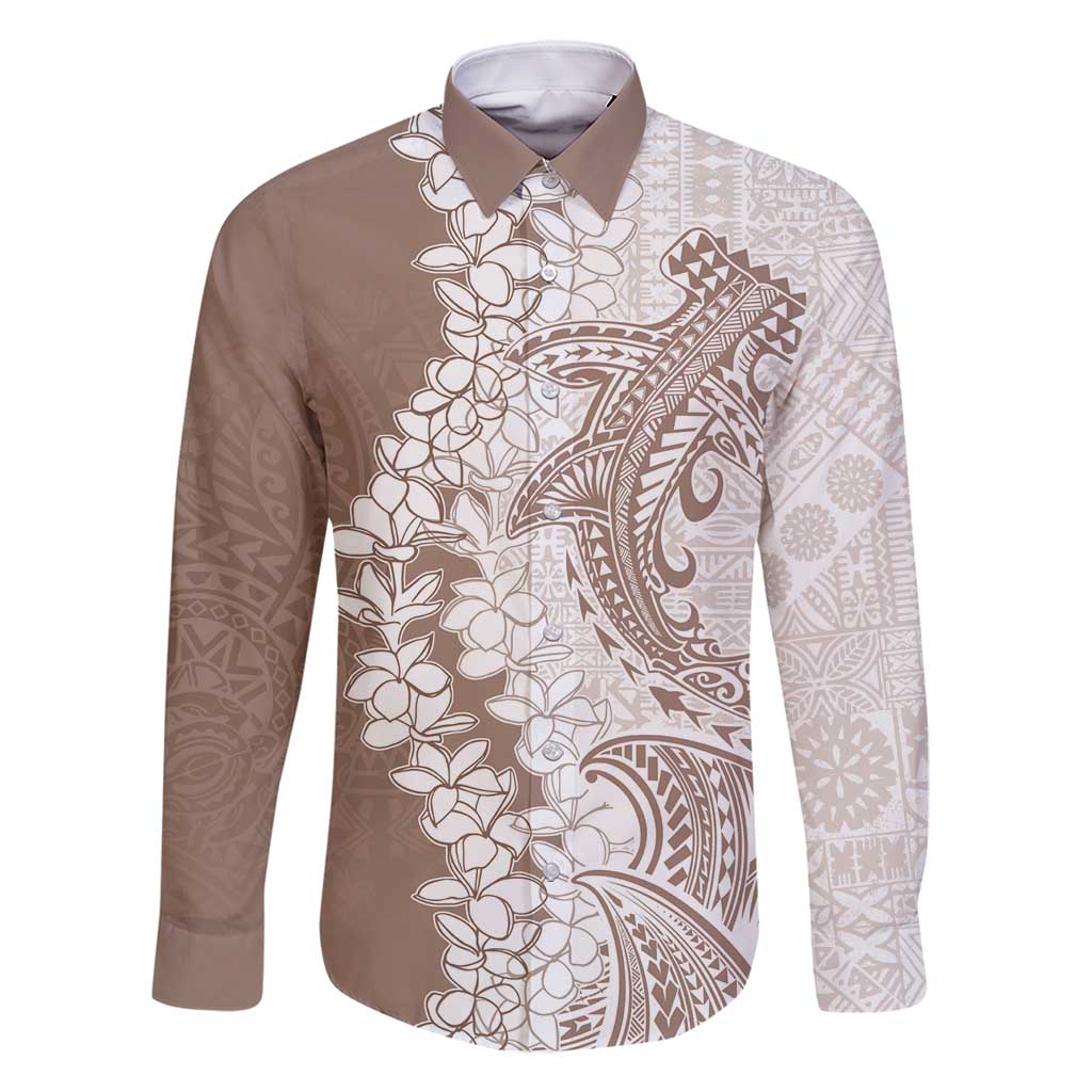 Polynesian Beige Plumeria Lei Family Matching Off Shoulder Short Dress and Hawaiian Shirt with Hammerhead Shark