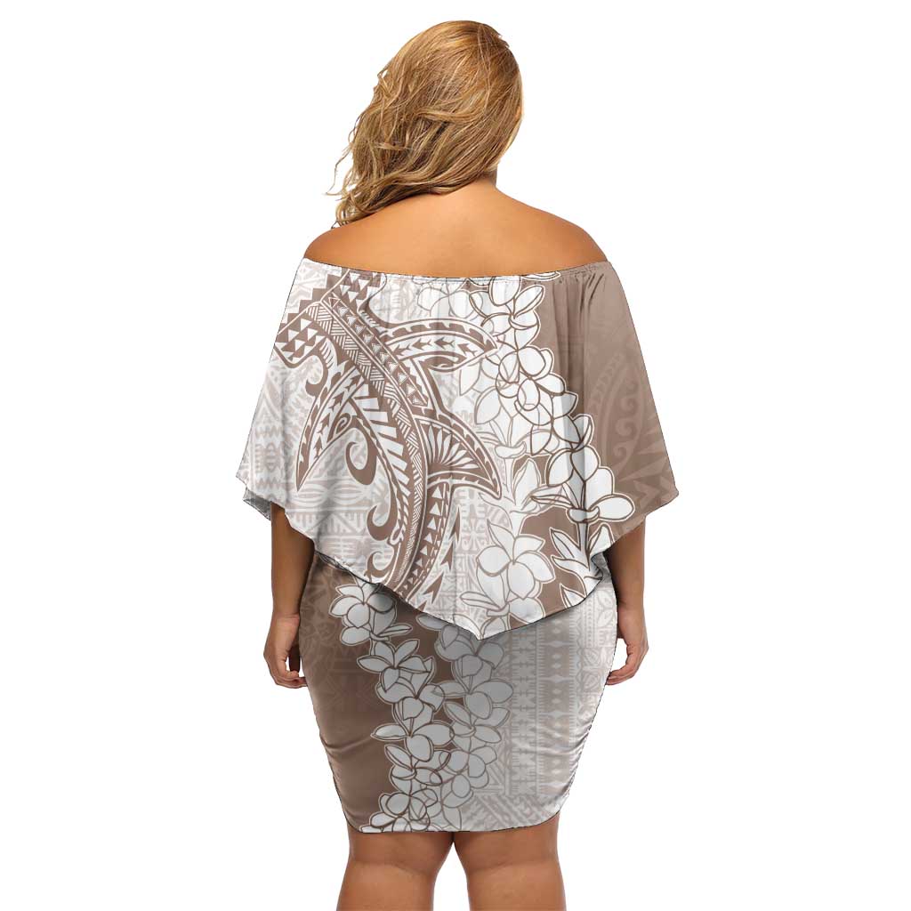 Polynesian Beige Plumeria Lei Family Matching Off Shoulder Short Dress and Hawaiian Shirt with Hammerhead Shark