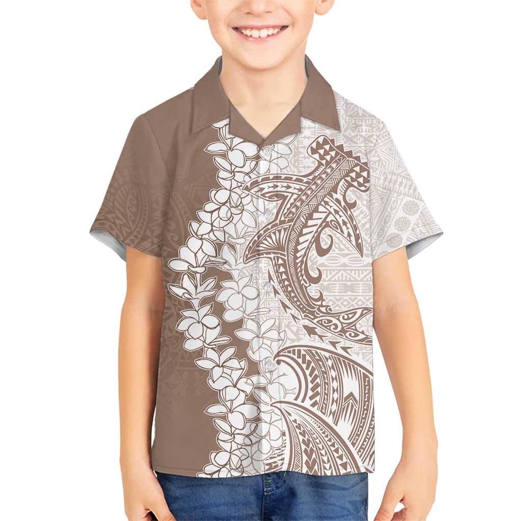Polynesian Beige Plumeria Lei Family Matching Off Shoulder Short Dress and Hawaiian Shirt with Hammerhead Shark