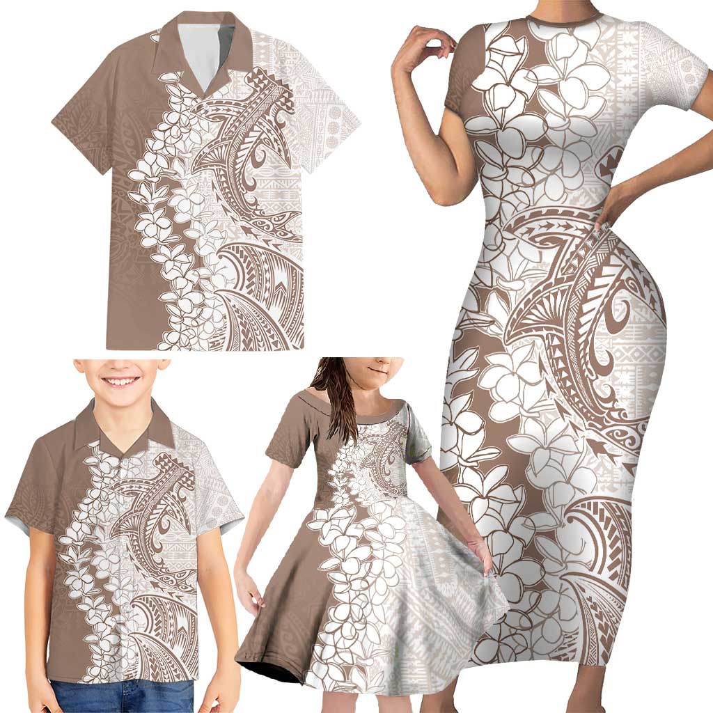 Polynesian Beige Plumeria Lei Family Matching Short Sleeve Bodycon Dress and Hawaiian Shirt with Hammerhead Shark LT7 - Polynesian Pride