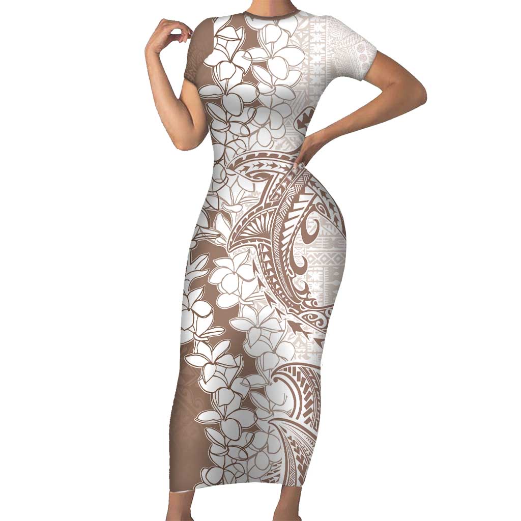 Polynesian Beige Plumeria Lei Family Matching Short Sleeve Bodycon Dress and Hawaiian Shirt with Hammerhead Shark LT7 Mom's Dress Beige - Polynesian Pride
