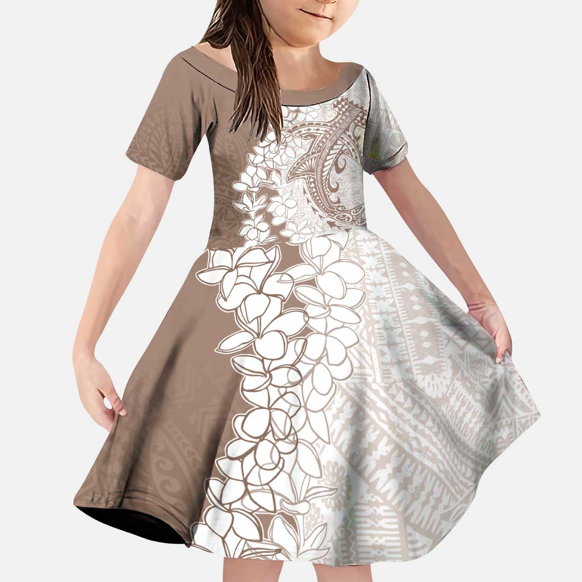 Polynesian Beige Plumeria Lei Kid Short Sleeve Dress with Hammerhead Shark LT7 KID Beige - Polynesian Pride