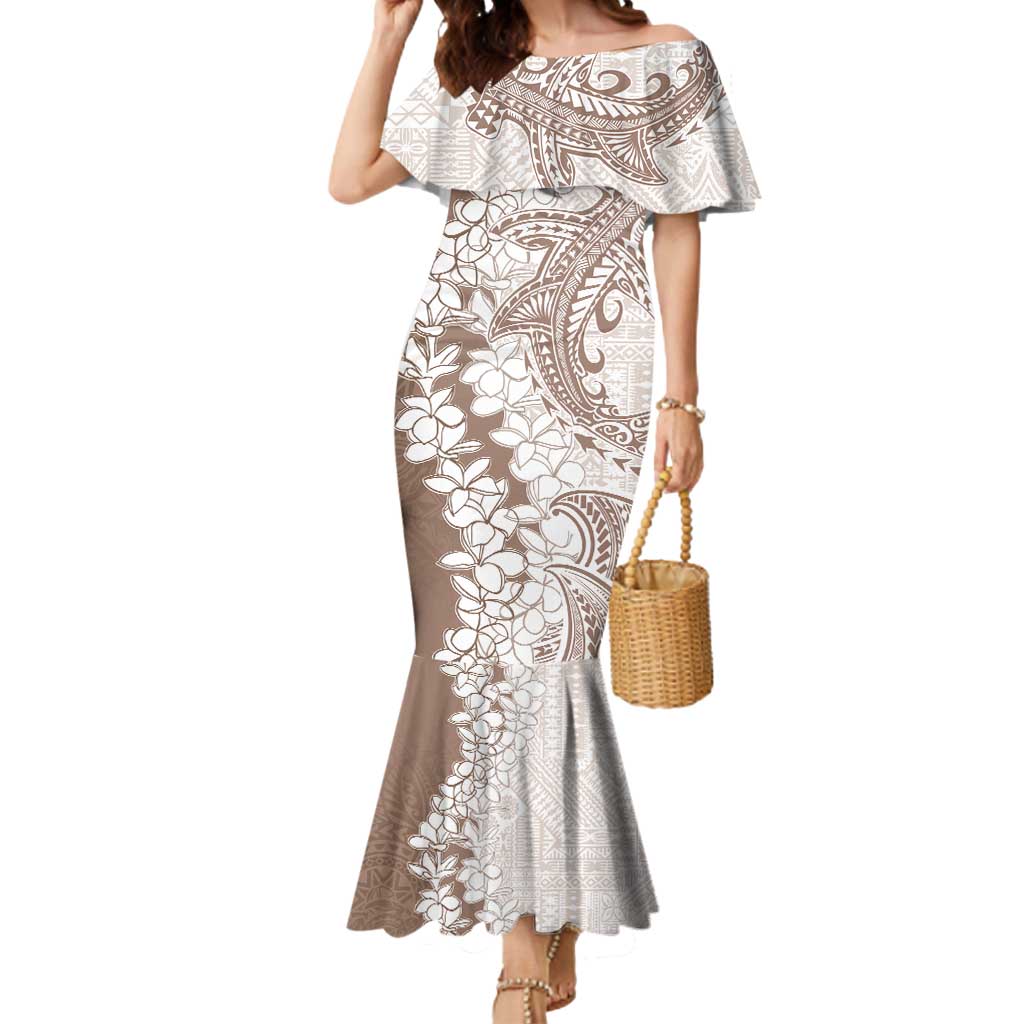Polynesian Beige Plumeria Lei Mermaid Dress with Hammerhead Shark LT7 Women Beige - Polynesian Pride