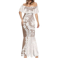 Polynesian Beige Plumeria Lei Mermaid Dress with Hammerhead Shark LT7 - Polynesian Pride