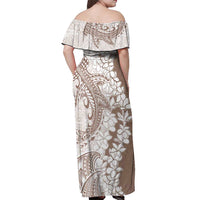 Polynesian Beige Plumeria Lei Off Shoulder Maxi Dress with Hammerhead Shark