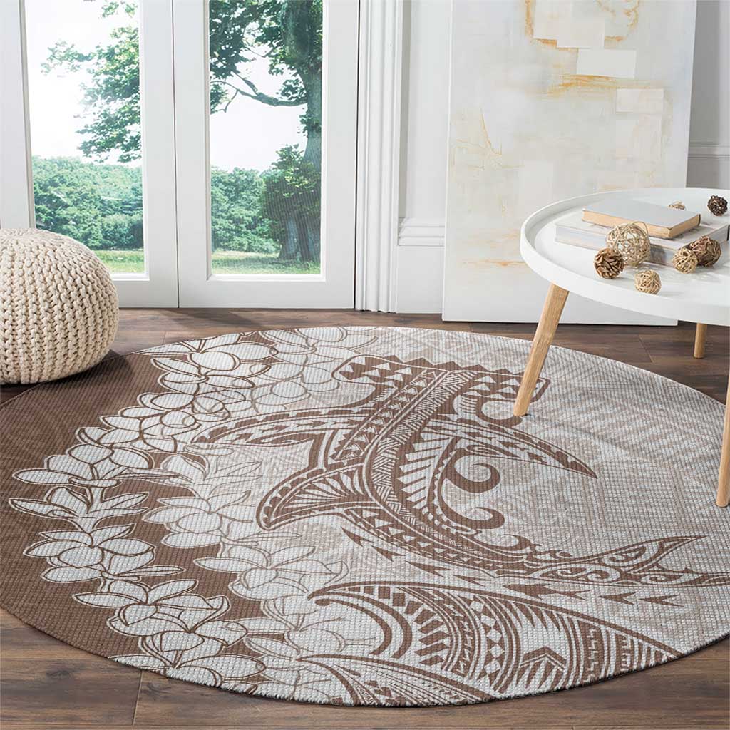 Polynesian Beige Plumeria Lei Round Carpet with Hammerhead Shark