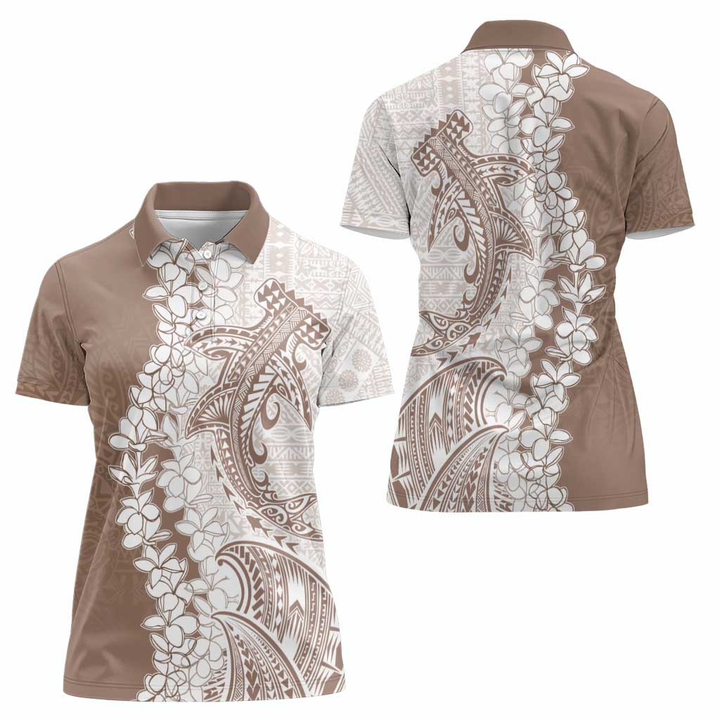 Polynesian Beige Plumeria Lei Women Polo Shirt with Hammerhead Shark