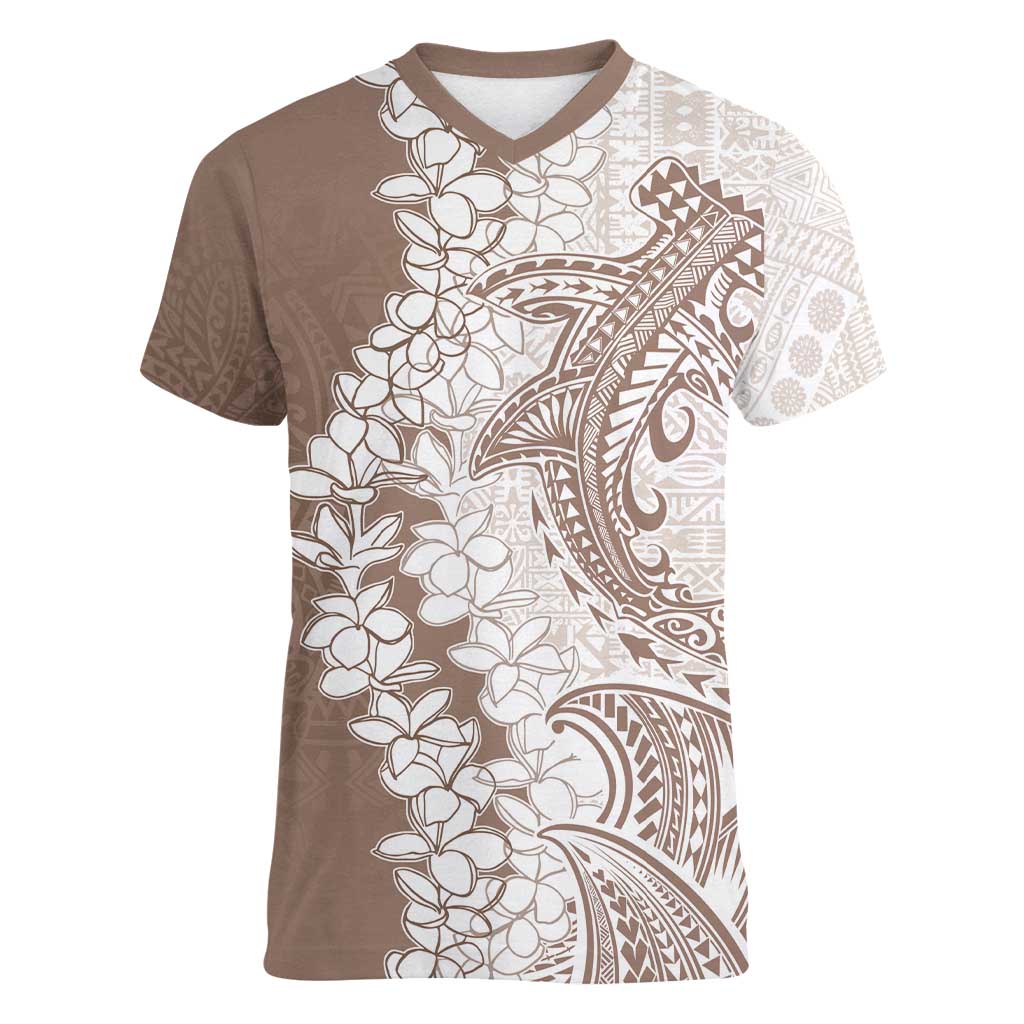 Polynesian Beige Plumeria Lei Women V-Neck T-Shirt with Hammerhead Shark LT7 Female Beige - Polynesian Pride