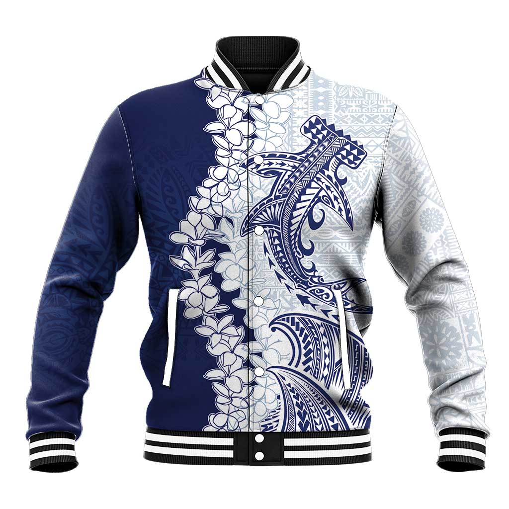 Polynesian Navy Blue Plumeria Lei Baseball Jacket with Hammerhead Shark