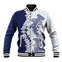 Polynesian Navy Blue Plumeria Lei Baseball Jacket with Hammerhead Shark