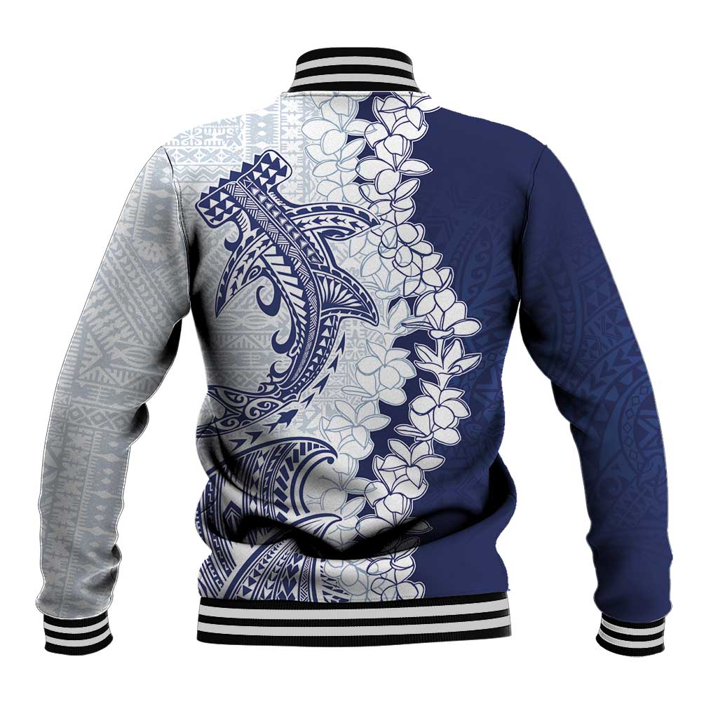 Polynesian Navy Blue Plumeria Lei Baseball Jacket with Hammerhead Shark