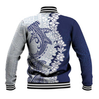 Polynesian Navy Blue Plumeria Lei Baseball Jacket with Hammerhead Shark